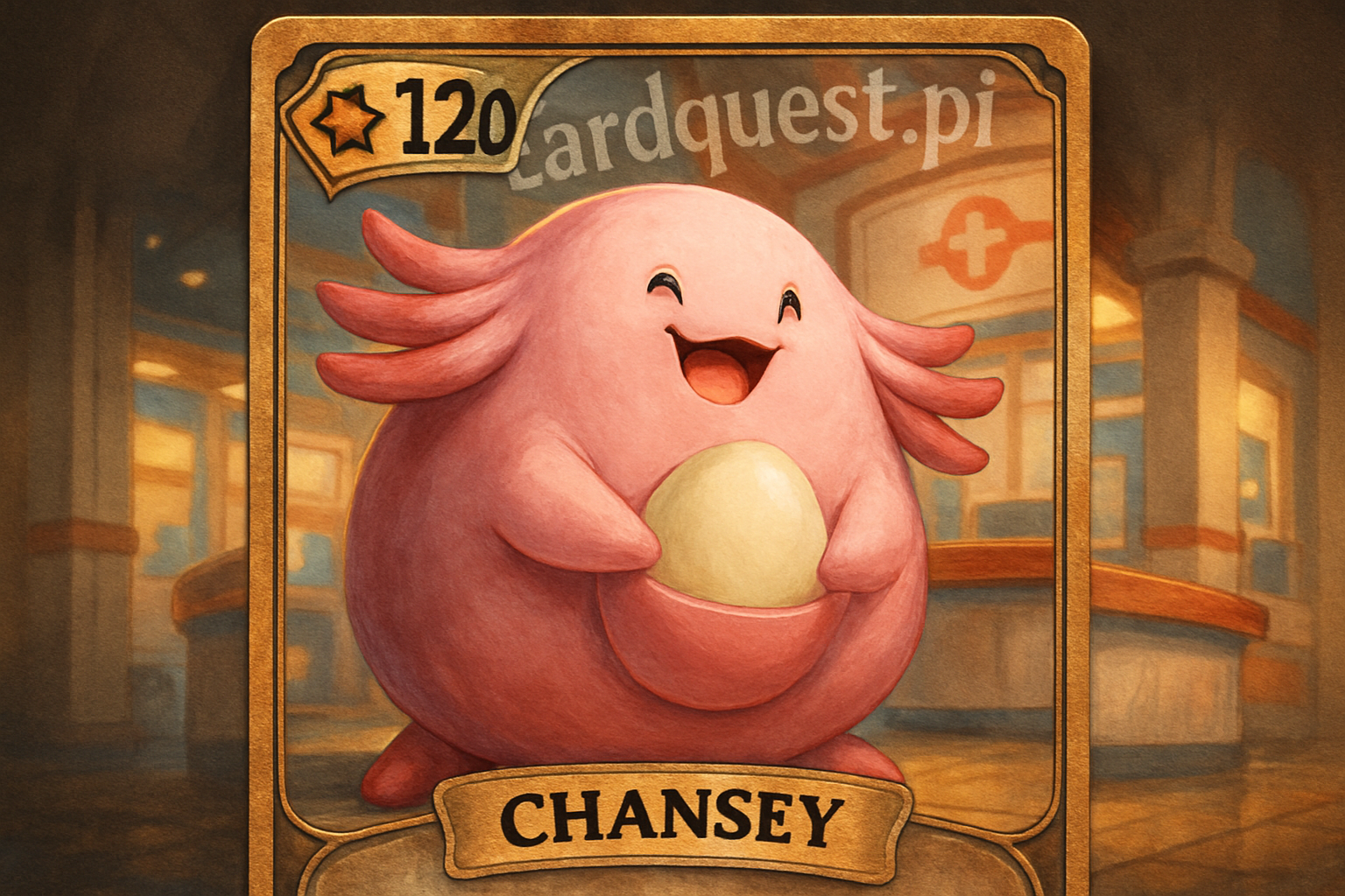 Szczęśliwy różowy Pokemon Chansey trzymający jajko